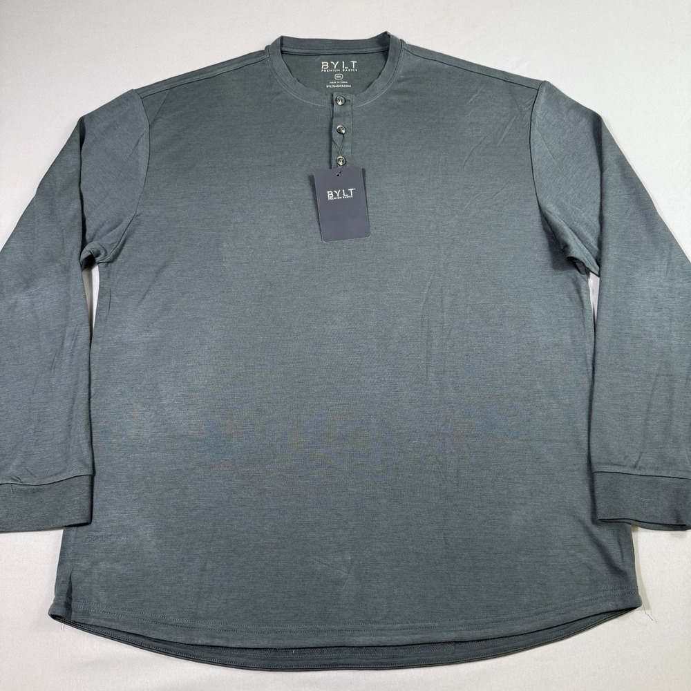 BYLT Comfort Wool Long Sleeve Henley‎ Shirt Mens 2XL Vintage Navy Curved Hem NWT